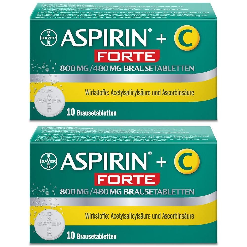 Zwei Packungen Aspirin® +C Forte Brausetabletten, 800 mg/480 mg, 10 Stück.