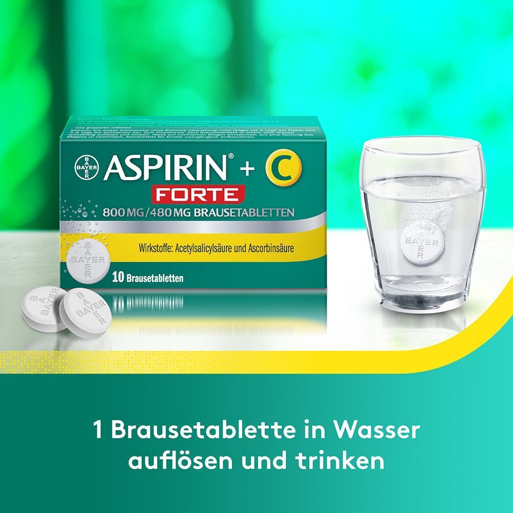 Aspirin® +C Forte Packung, zwei Brausetabletten und ein Glas Wasser.