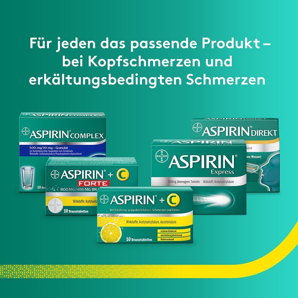 Verschiedene Aspirin® Produkte, darunter Aspirin® +C Forte.
