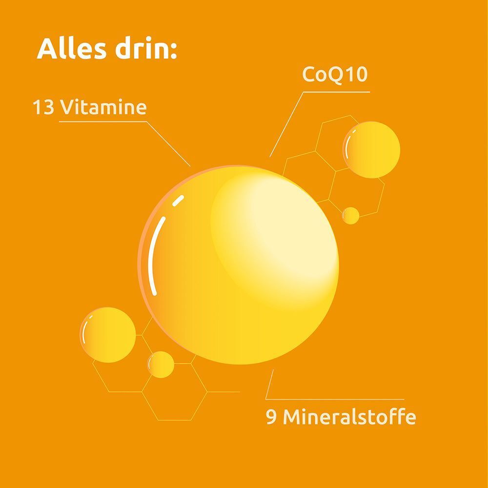 Grafik mit Nährstoffen: 13 Vitamine, 9 Mineralstoffe und Coenzym Q10.