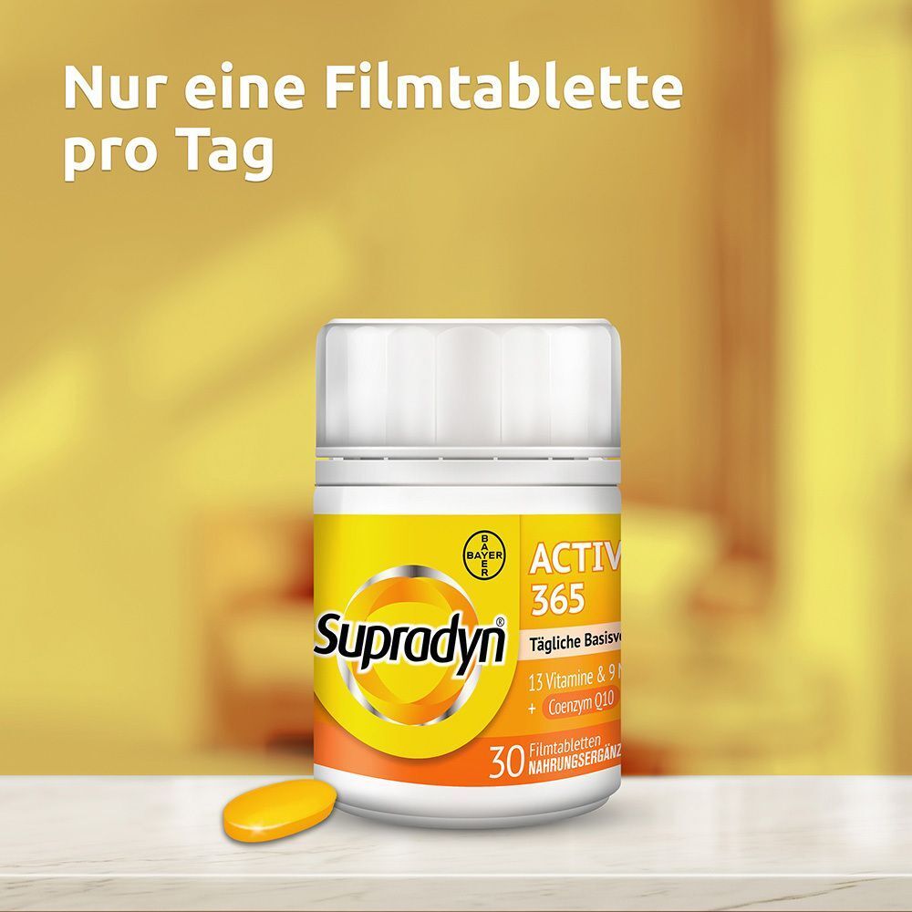Eine Flasche Supradyn ACTIVE 365 Filmtabletten (30 Stück) und eine einzelne Tablette.