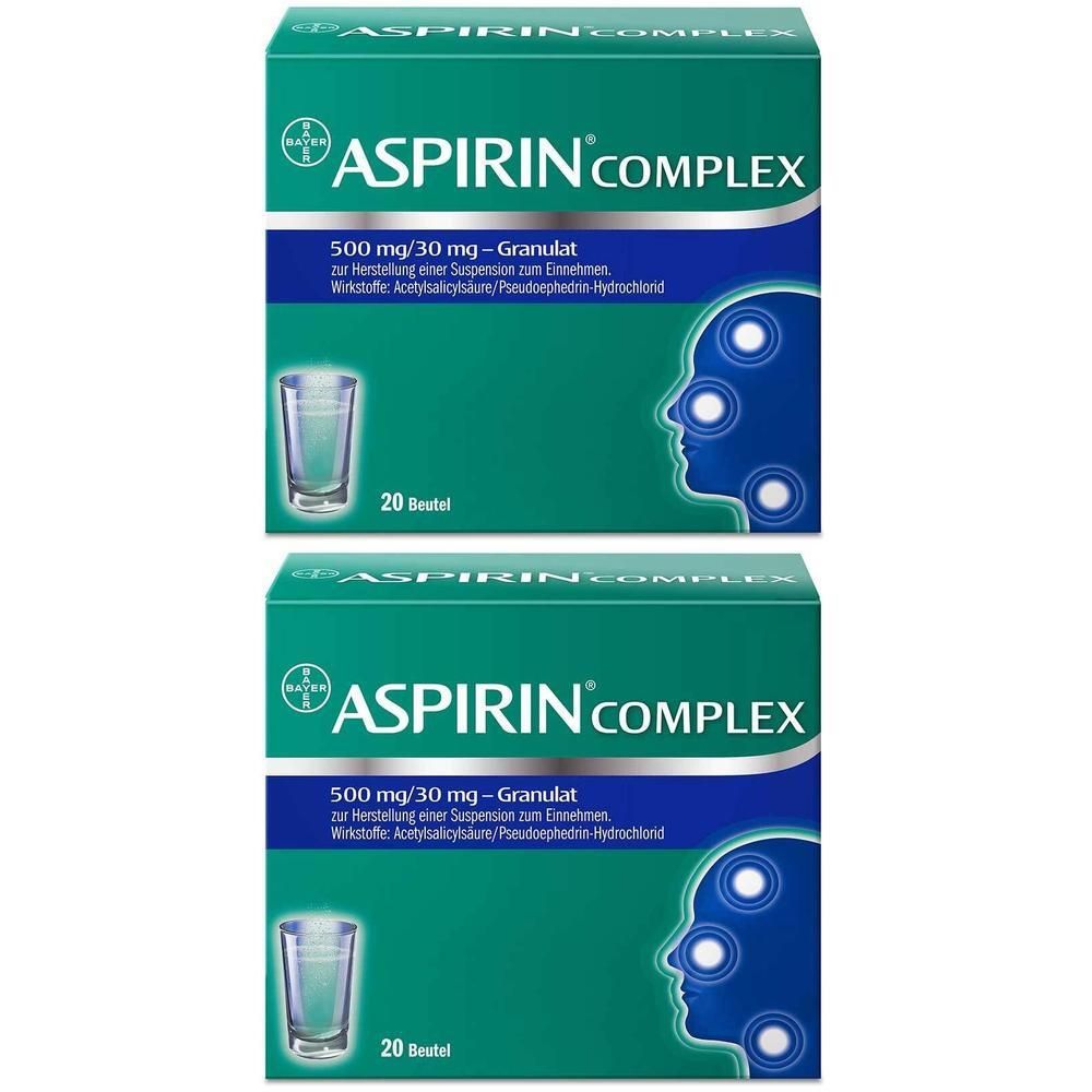 Zwei Packungen Aspirin Complex Granulat mit je 20 Beuteln. Für Erkältungsschnupfen und Fieber.