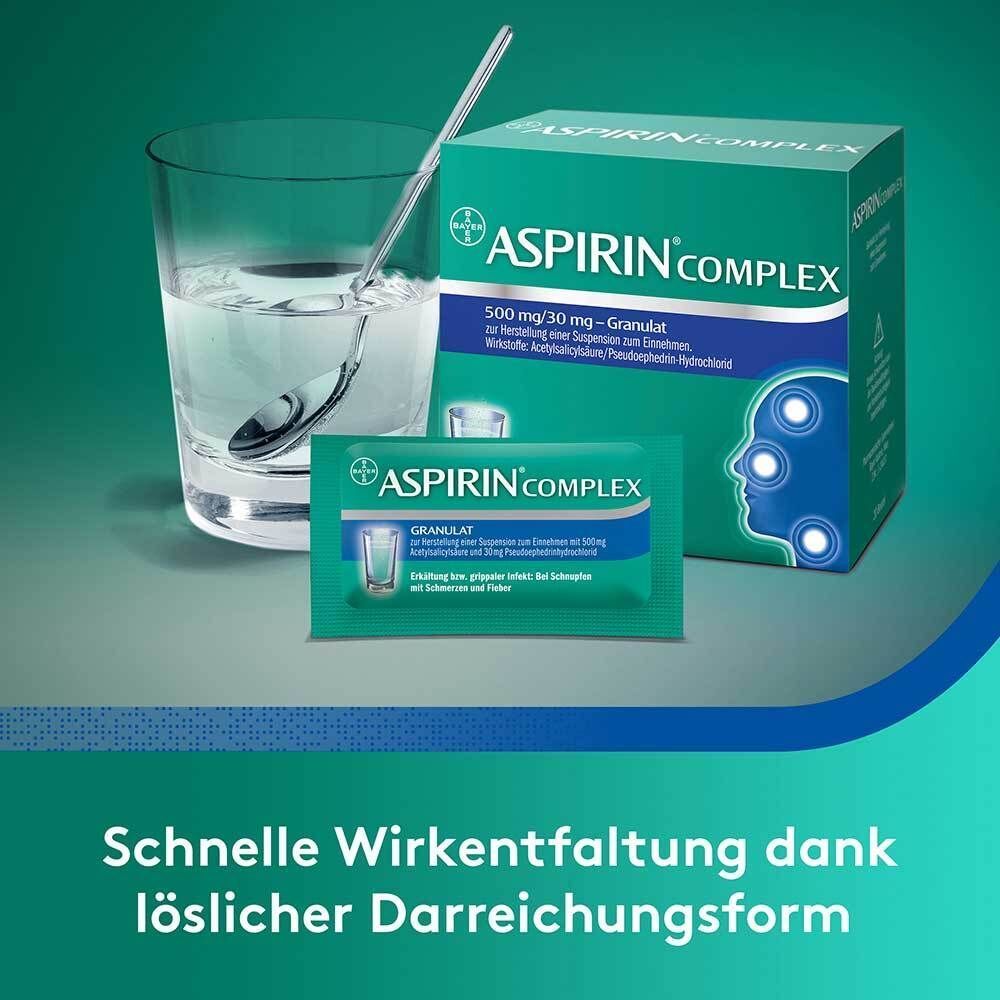 Aspirin Complex Granulat wird in Wasser aufgelöst. Schnelle Wirkung dank löslicher Darreichungsform.