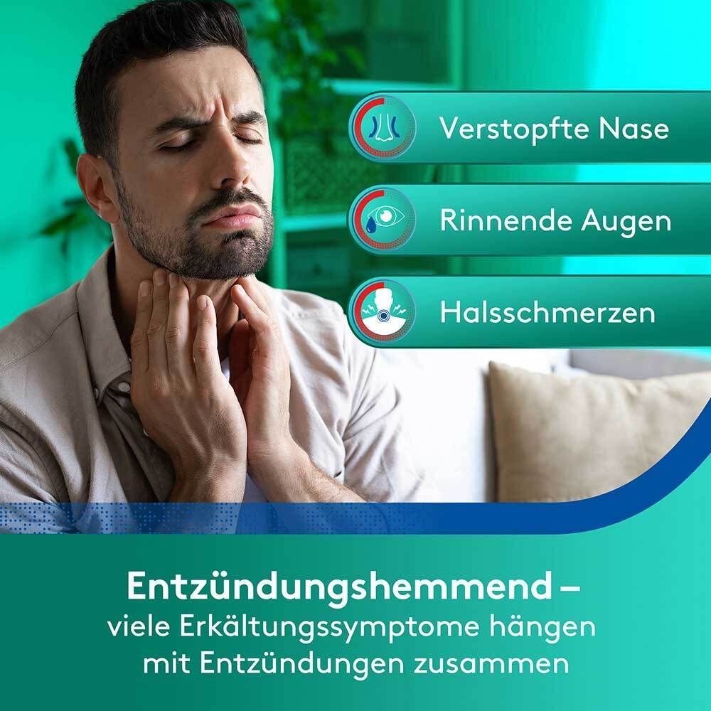 Mann mit Erkältungssymptomen: verstopfte Nase, tränende Augen, Halsschmerzen. Entzündungshemmende Wirkung.
