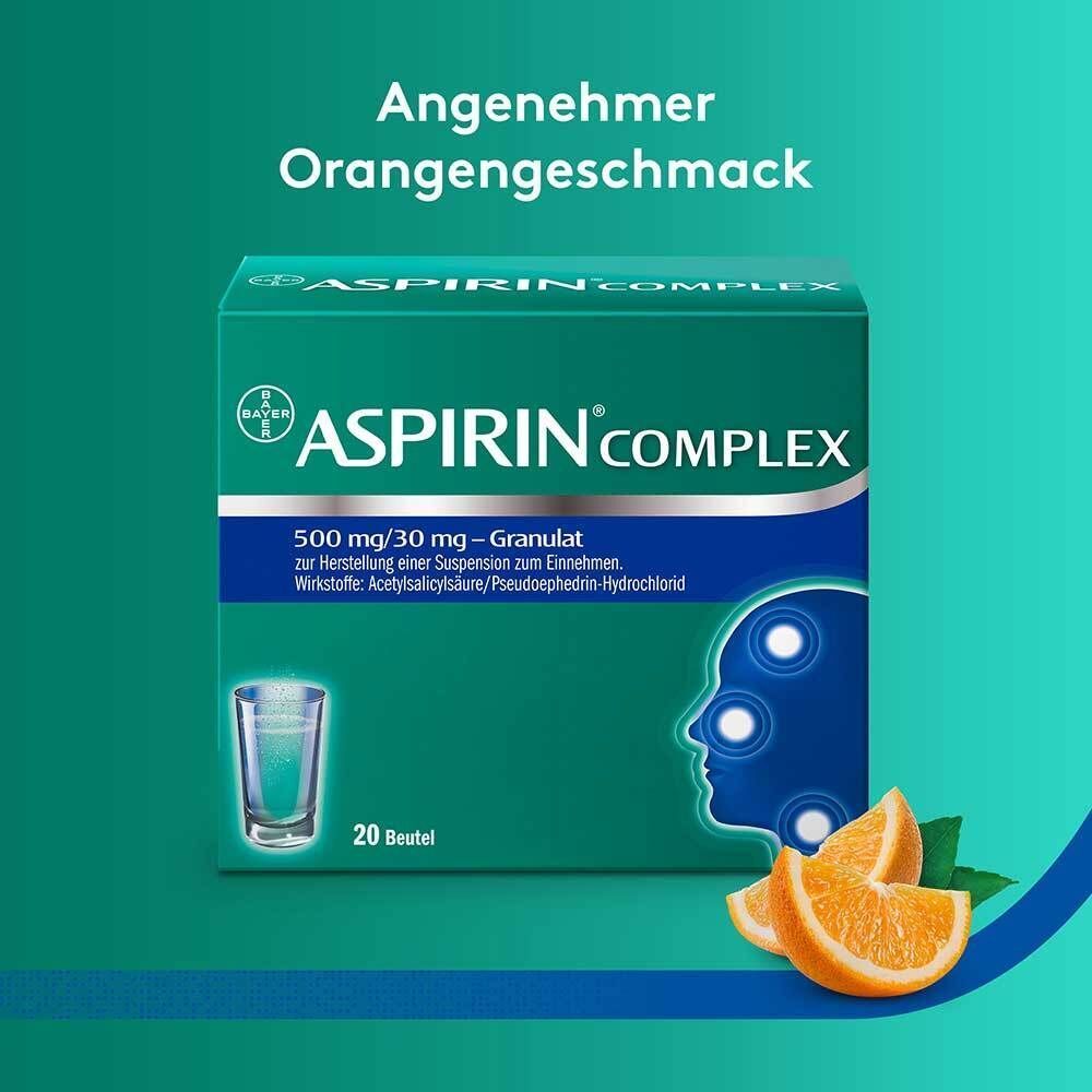 Packung Aspirin Complex Granulat mit Orangenaroma. Mit Orangenstücken und Minzblättern.