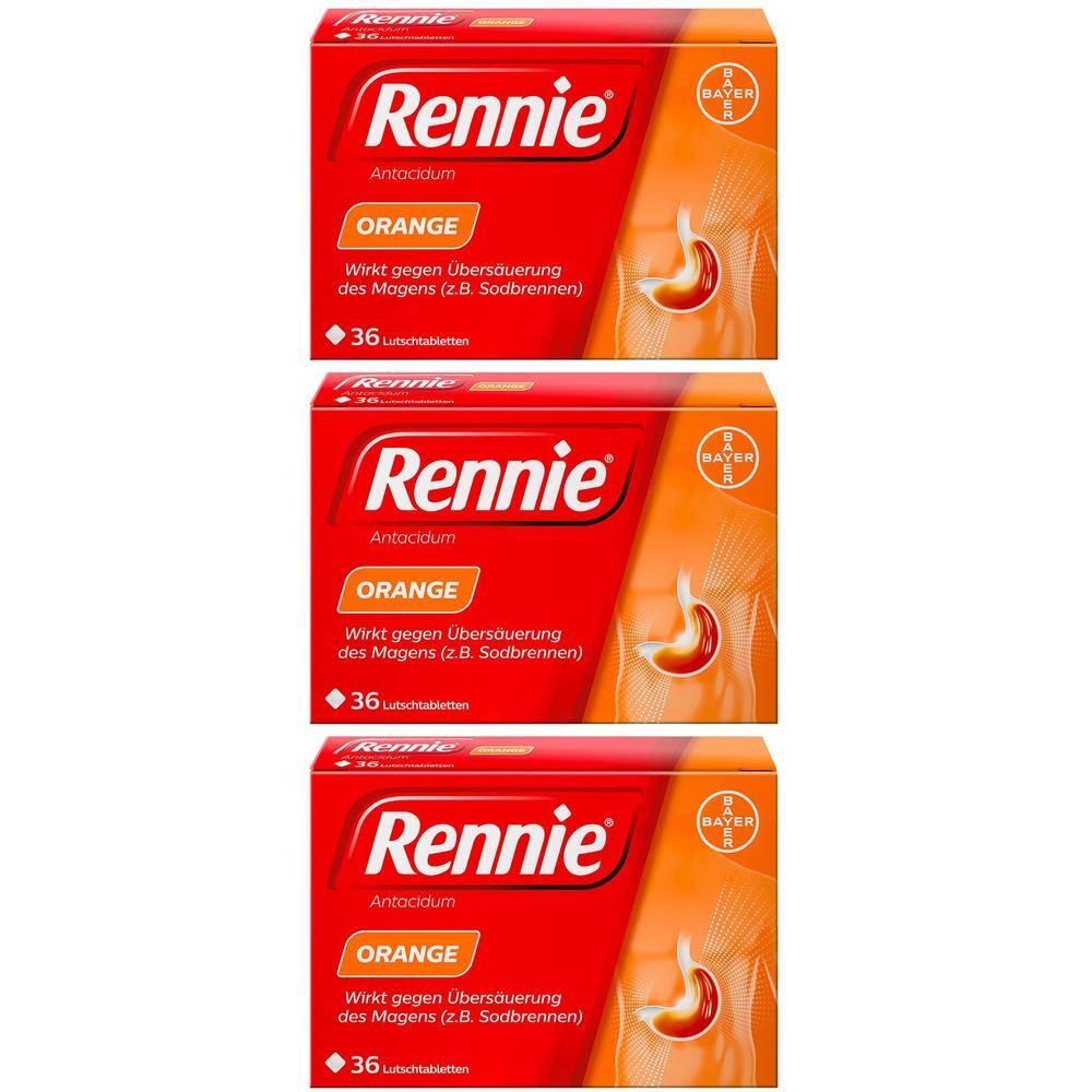 Drei Packungen Rennie Orange Antacidum mit je 36 Lutschtabletten.