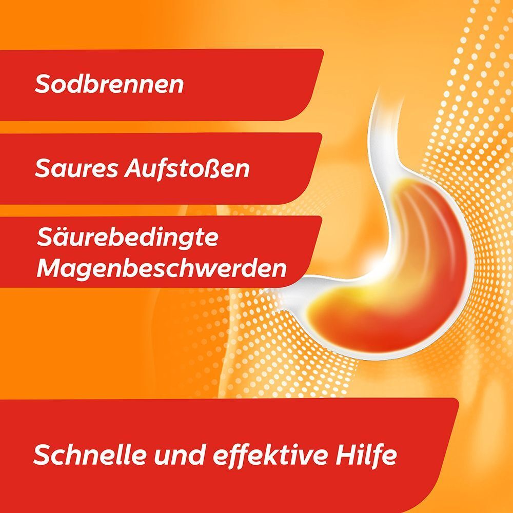 Grafik eines Magens mit Symbolen für Sodbrennen, saures Aufstoßen und säurebedingte Beschwerden.