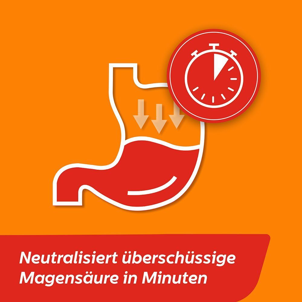 Grafik eines Magens mit Pfeilen, die überschüssige Magensäure neutralisieren, und einer Stoppuhr.