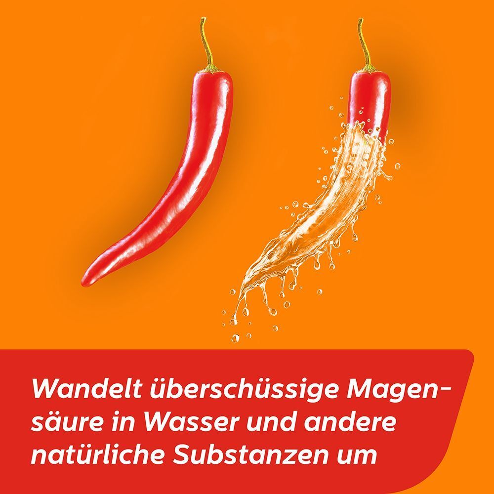 Eine Chilischote verwandelt sich in Spritzer, die Magensäure symbolisieren.