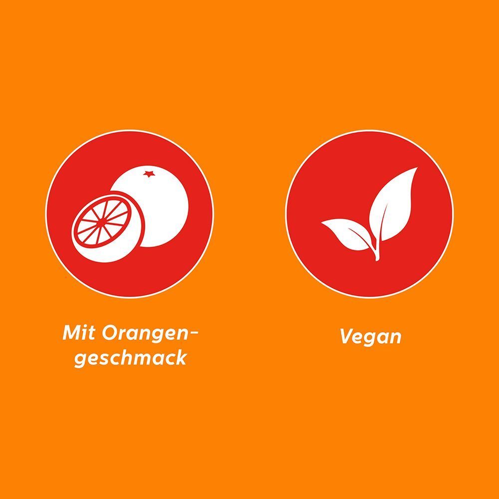 Symbole für Orangengeschmack und Vegan.
