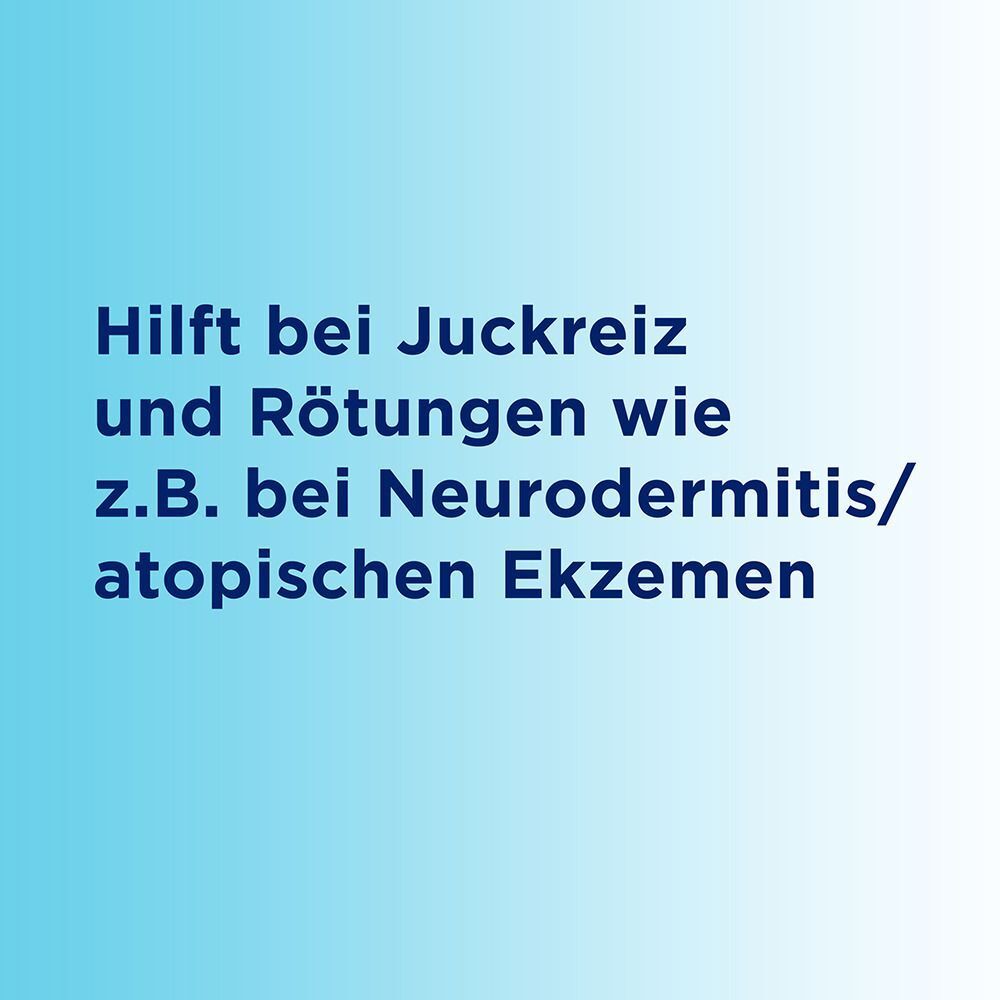 Text: Hilft bei Juckreiz und Rötungen, z.B. bei Neurodermitis/atopischen Ekzemen.