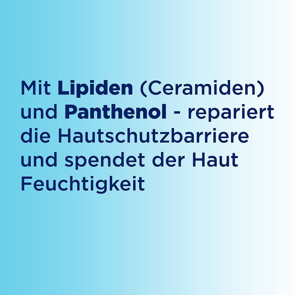 Text: Mit Lipiden (Ceramiden) und Panthenol – repariert die Hautschutzbarriere und spendet Feuchtigkeit.