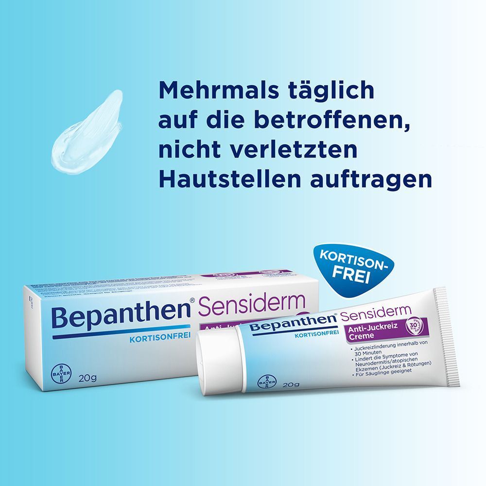 Bepanthen Sensiderm Creme (20g) und Faltschachtel, kortisonfrei. Auftragen auf betroffene Hautstellen.