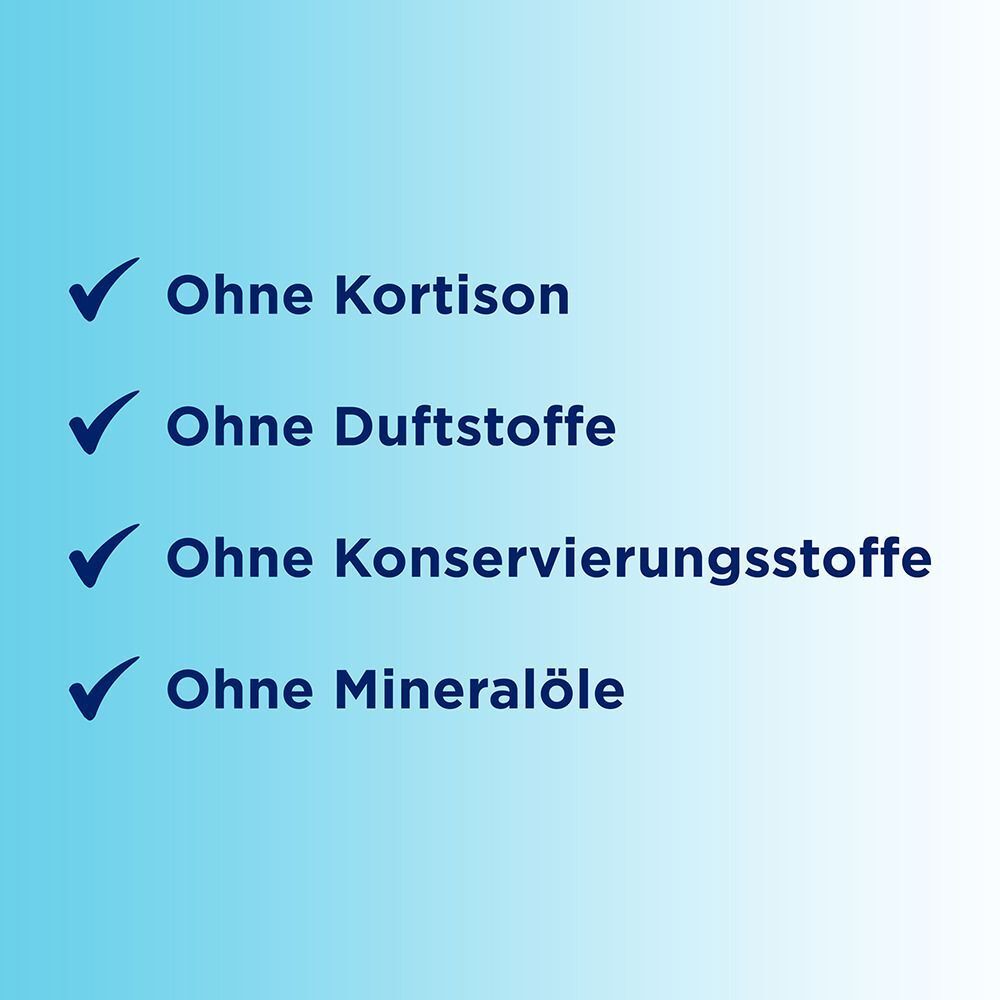 Text: Ohne Kortison, Duftstoffe, Konservierungsstoffe, Mineralöle.