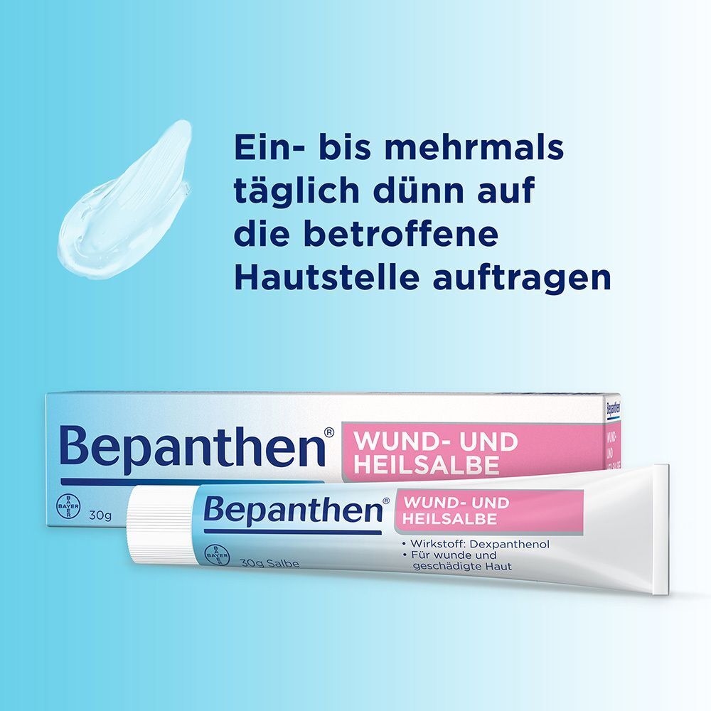 Tube und Karton Bepanthen® Wund- und Heilsalbe mit Salbenstrang.