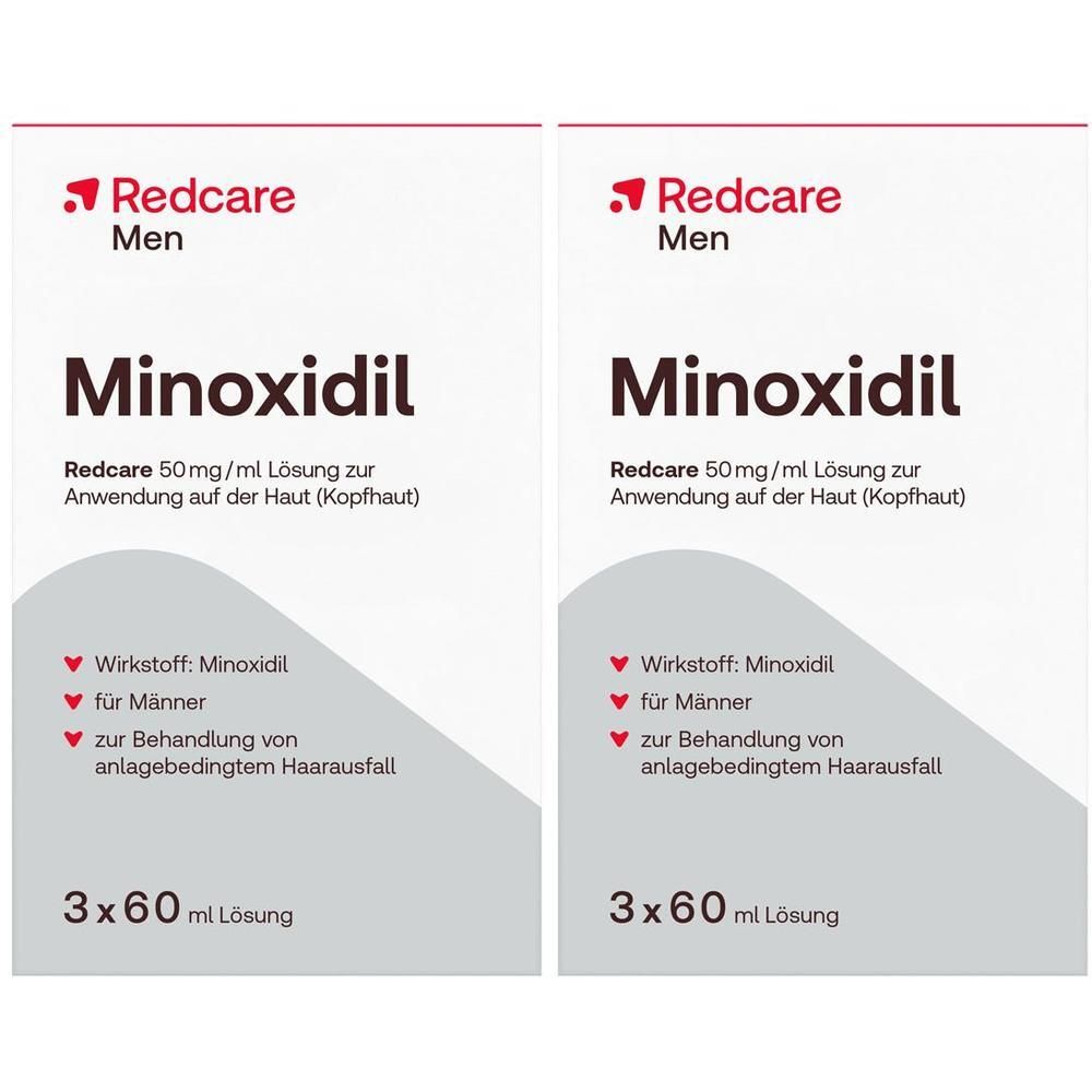 Zwei Packungen Redcare Minoxidil 50 mg/ml Lösung für Männer, 3x60 ml.