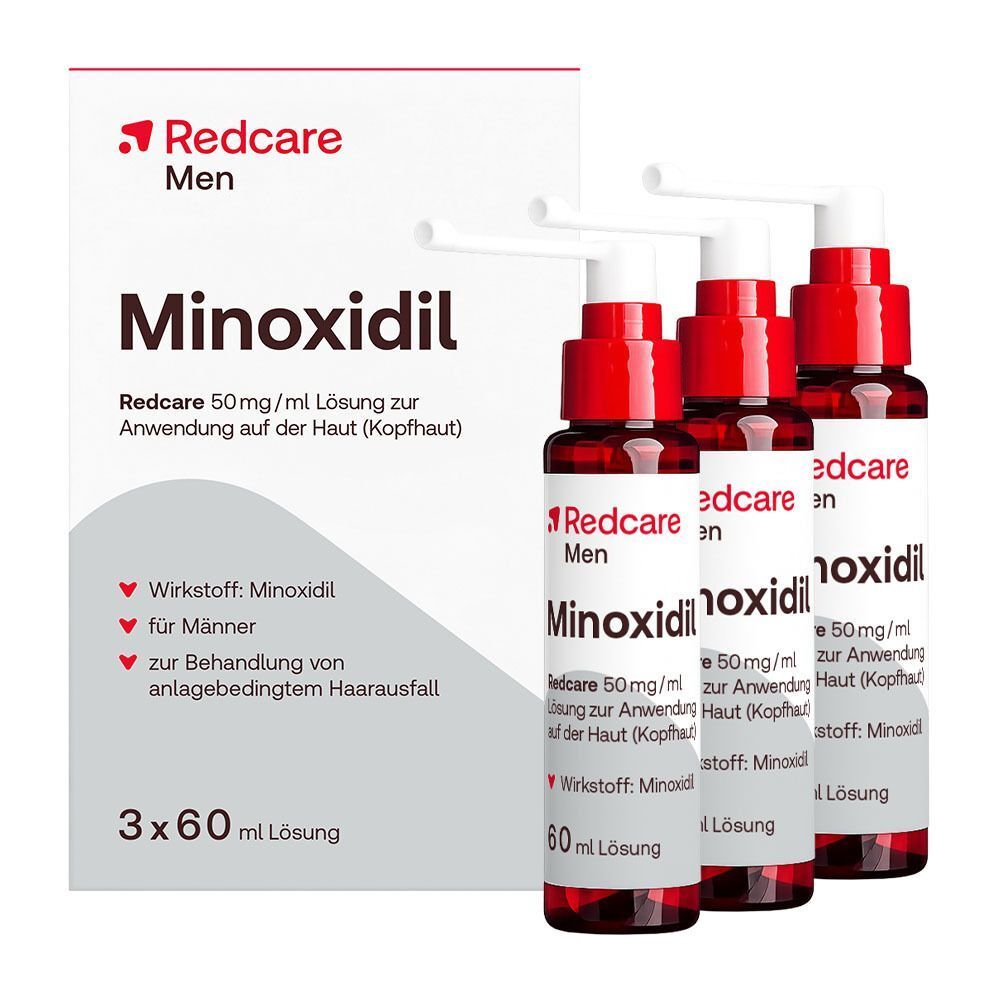 Redcare Minoxidil 50 mg/ml Lösung für Männer, eine Packung und drei Sprühflaschen.
