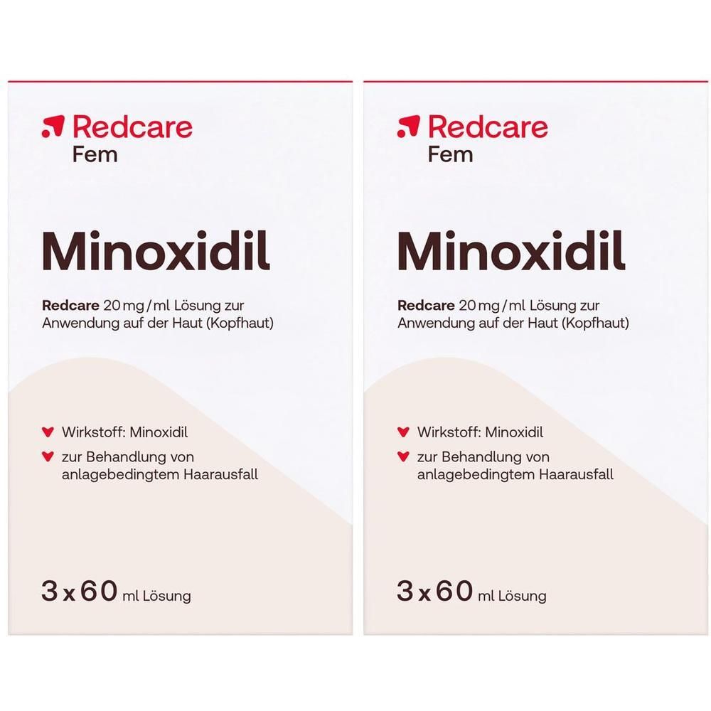 Zwei Packungen Redcare Minoxidil 20 mg/ml Lösung zur Anwendung auf der Haut (Kopfhaut). Jede Packung enthält 3x 60 ml Lösung.