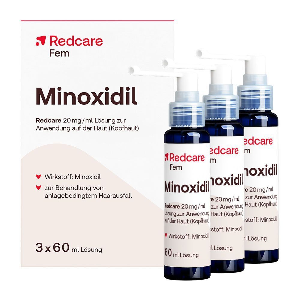 Eine Packung Redcare Minoxidil 20 mg/ml Lösung und drei Flaschen mit je 60 ml Lösung zur Anwendung auf der Haut (Kopfhaut).
