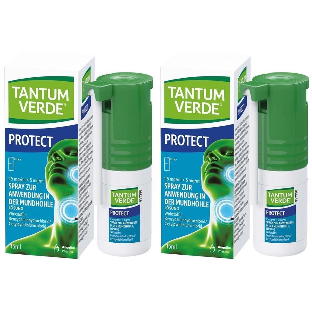 Tantum Verde Protect Spray und Kartonverpackung, zwei Einheiten.