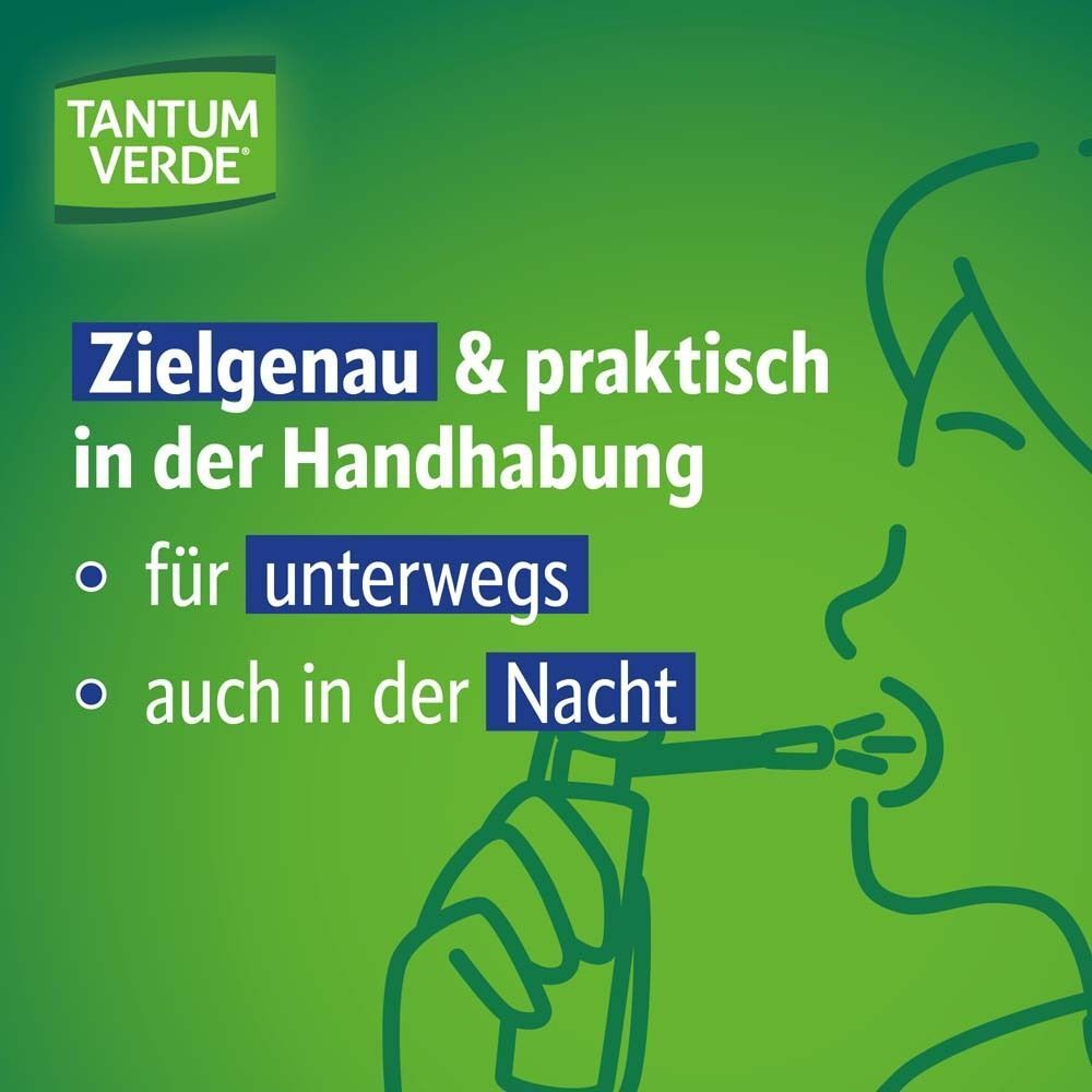 Grafik einer Person, die sich das Tantum Verde Protect Spray in den Mund sprüht.