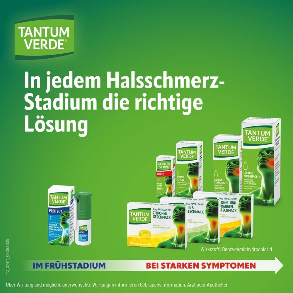 Mehrere Tantum Verde Protect Sprays und Kartonverpackungen in verschiedenen Größen.