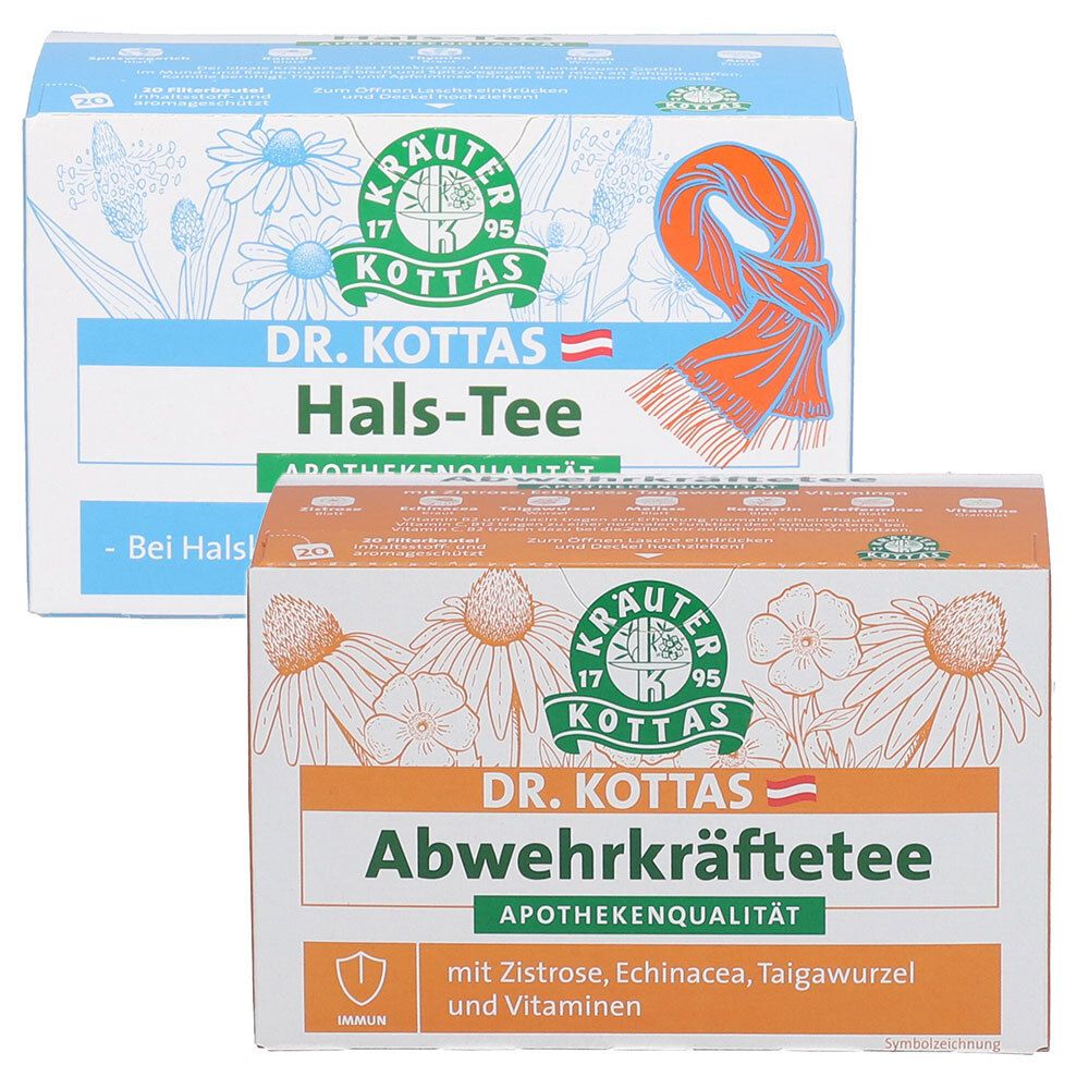 Zwei Packungen Dr. Kottas Kräutertee: Abwehrkräftetee und Hals-Tee. Mit Abbildung von Echinacea und einem Schal.
