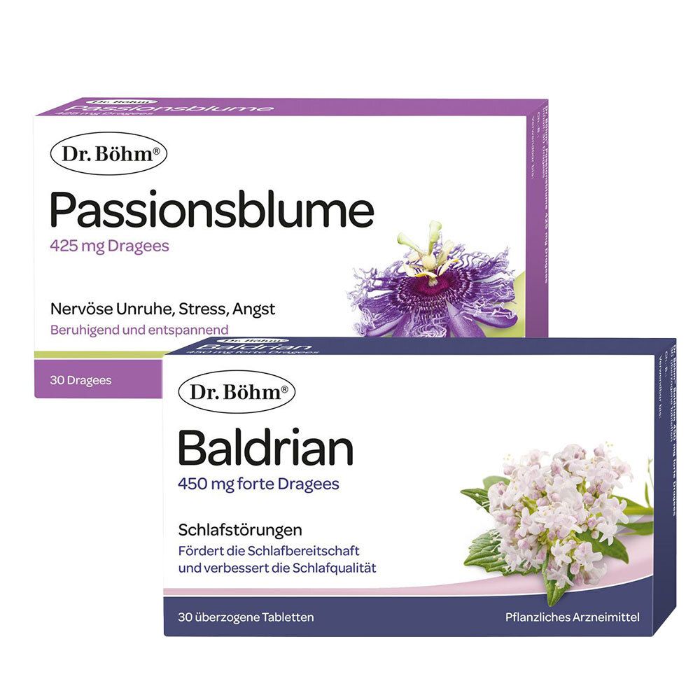 Zwei Dr. Böhm® Packungen: Passionsblume 425 mg Dragees und Baldrian 450 mg forte Dragees.