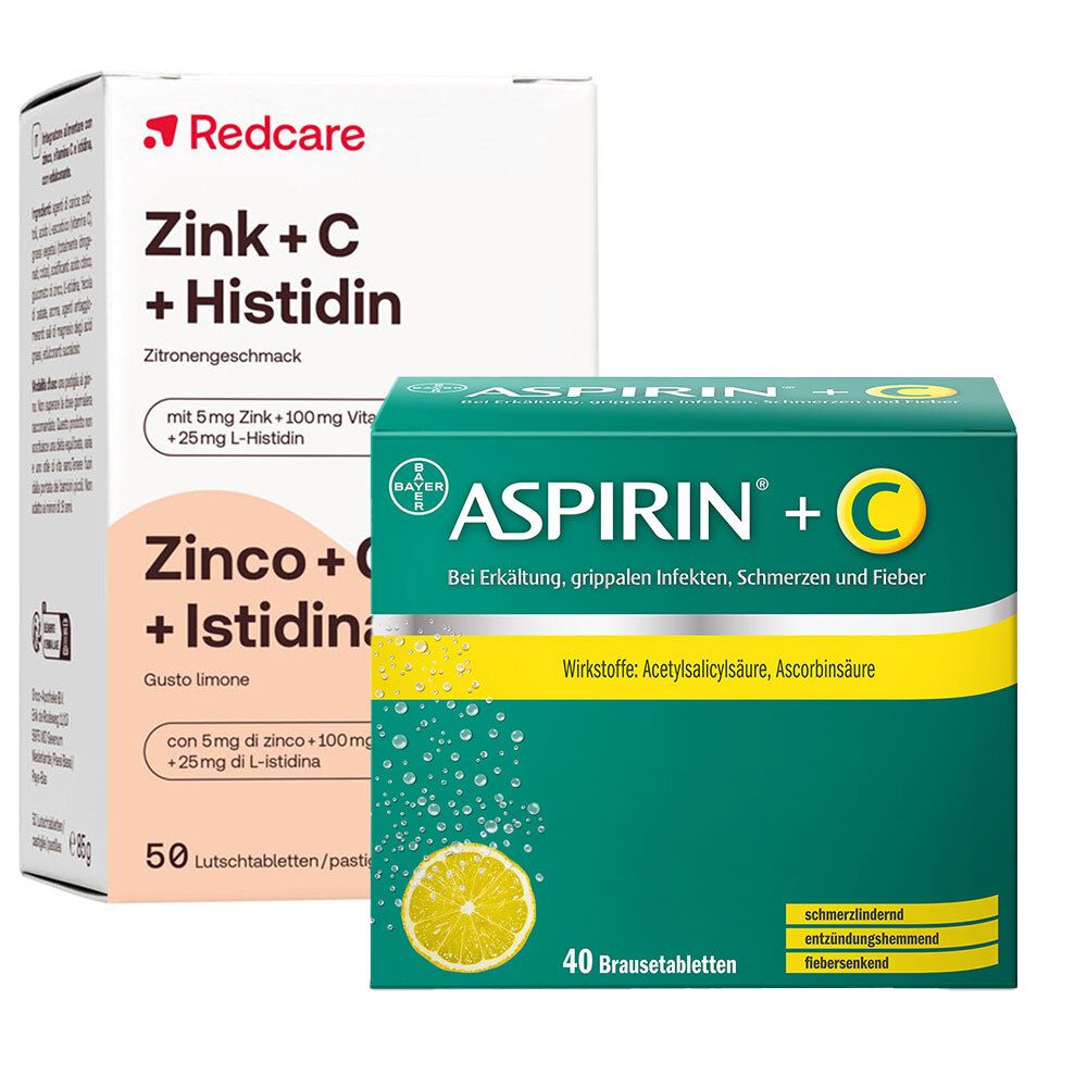 Redcare Zink + C+ Histidin + Aspirin® +C Brausetabletten bei Erkältung, grippalen Infekten, Schmerzen und Fieber