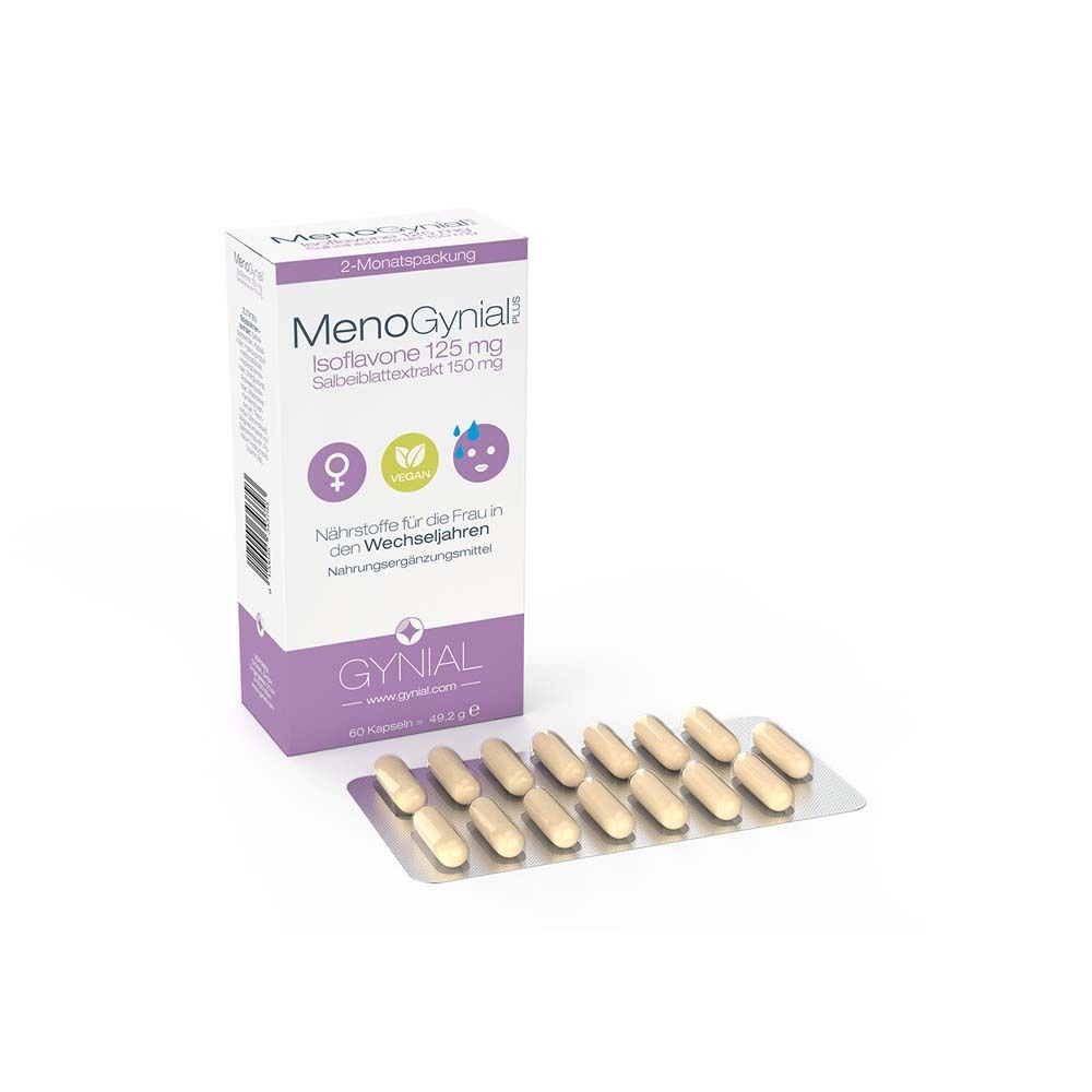 MenoGynial PLUS Packung mit Blisterstreifen. Kapseln in Blisterverpackung neben der Produktverpackung.