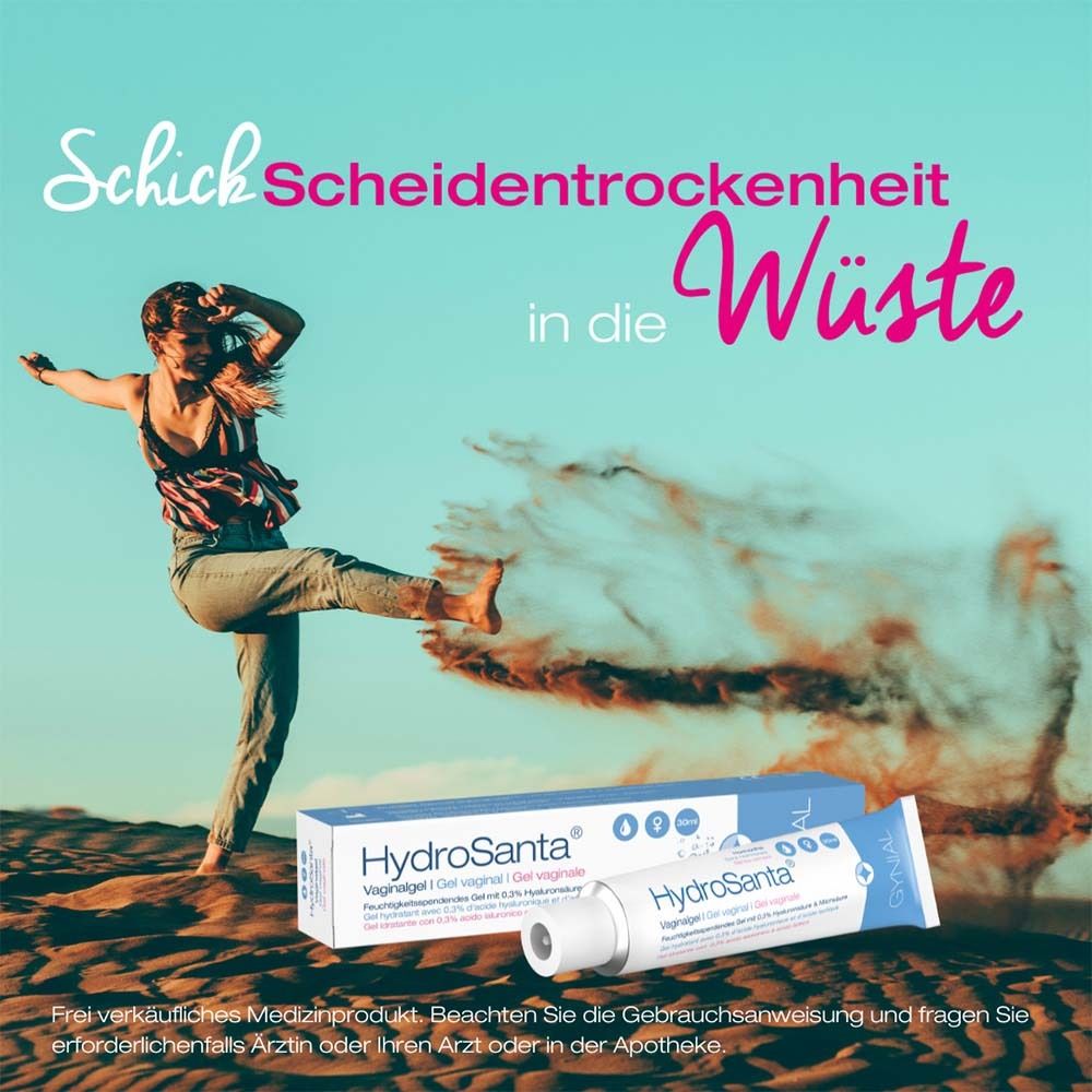 Frau in der Wüste. HydroSanta Vaginalgel-Tube und Verpackung. Text: Schick Scheidentrockenheit in die Wüste. Produktname und Logo.