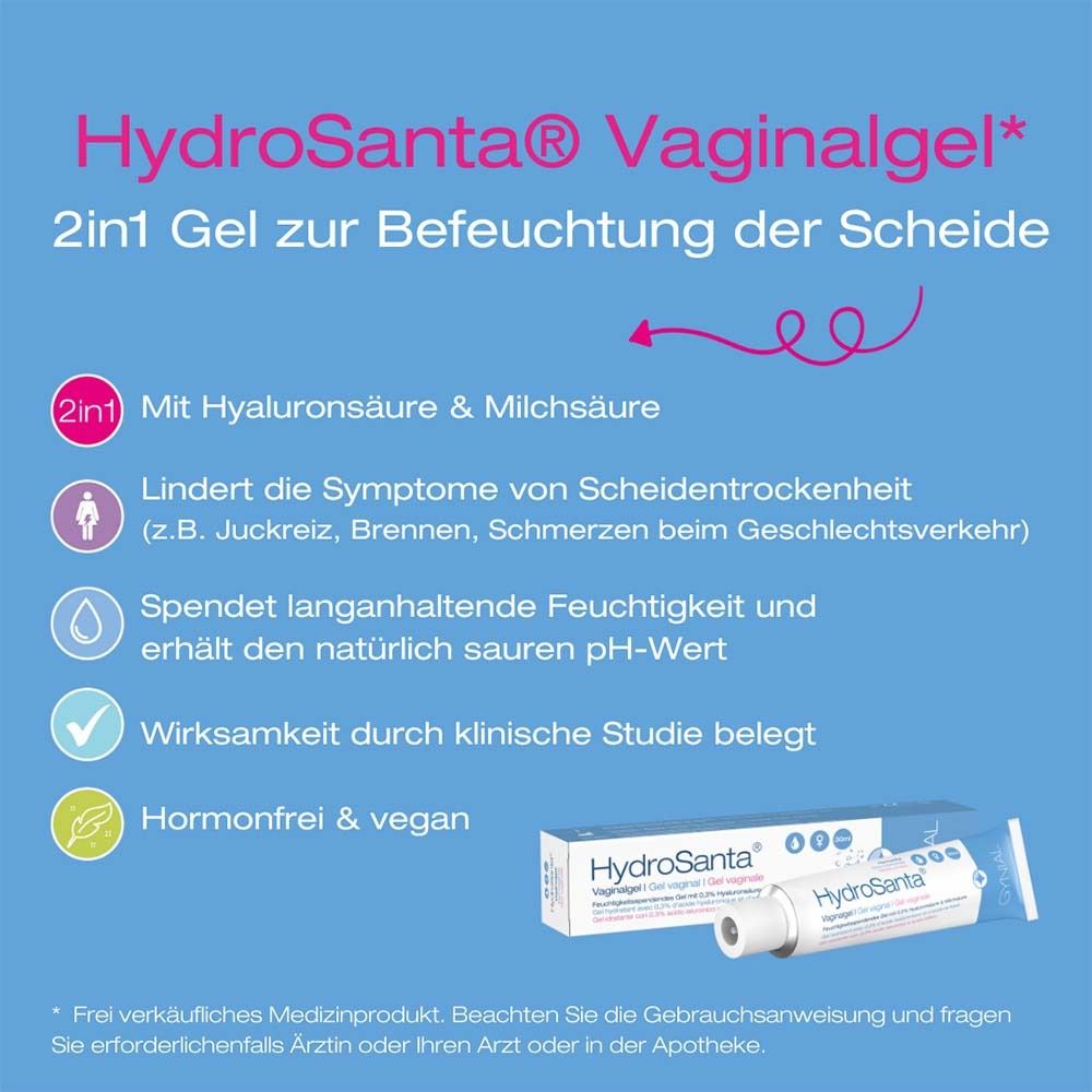Blauer Hintergrund. HydroSanta Vaginalgel-Tube und Verpackung. Text: 2in1 Gel zur Befeuchtung der Scheide. Produktname und Logos.