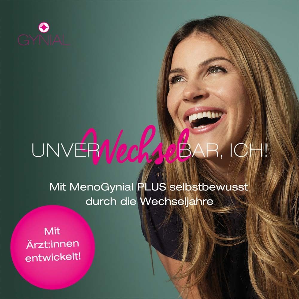 Lächelnde Frau. Text: Unverwechselbar, ich! Mit MenoGynial PLUS selbstbewusst durch die Wechseljahre. Logo GYNIAL und rosa Kreis.