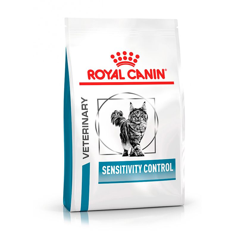 ROYAL CANIN® Veterinary SENSITIVITY CONTROL Trockennahrung für Katzen: Weißer Beutel mit rotem Logo und Katzenbild.