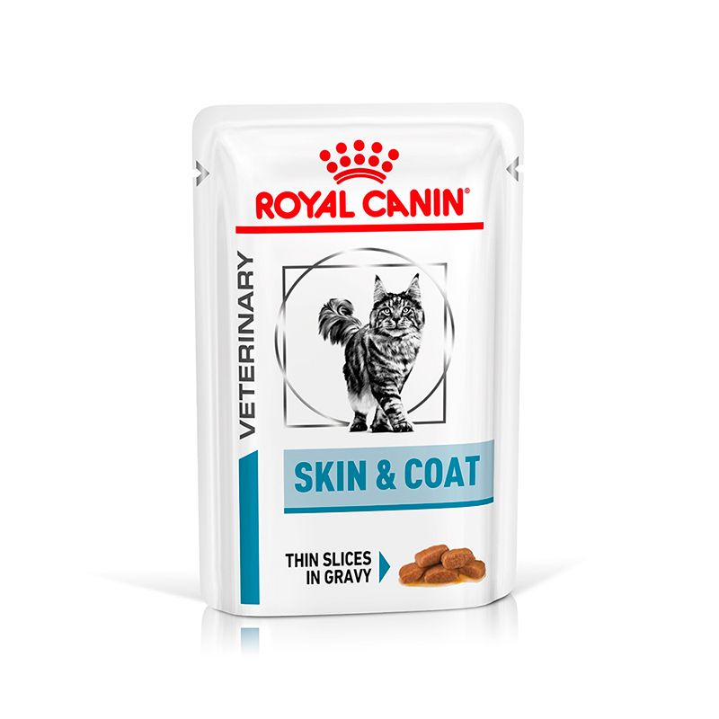 Einzelne Packung ROYAL CANIN® Veterinary SKIN & COAT Katzenfutter, dünne Scheiben in Soße.