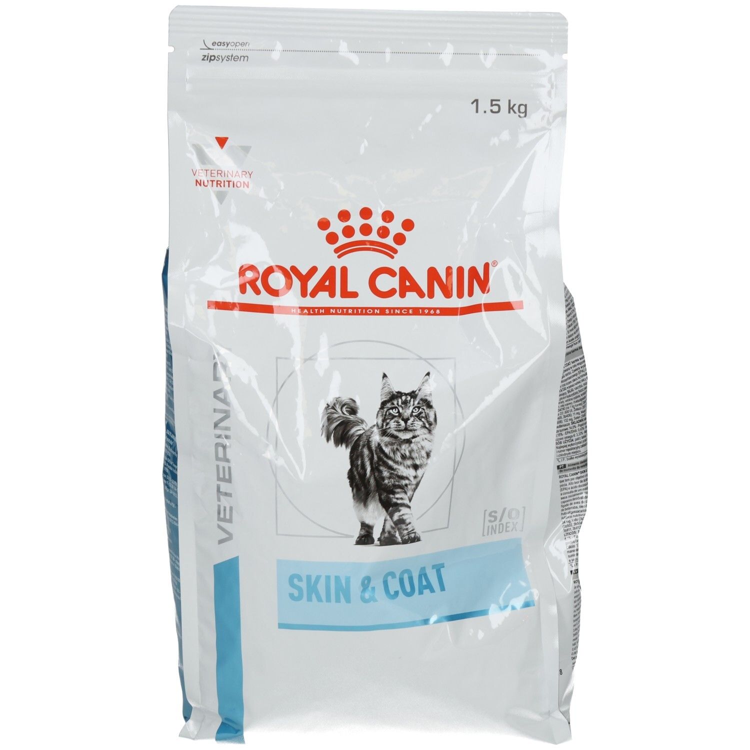 ROYAL CANIN® Veterinary SKIN & COAT Trockennahrung für Katzen, 1,5 kg Beutel mit Bild einer Katze.