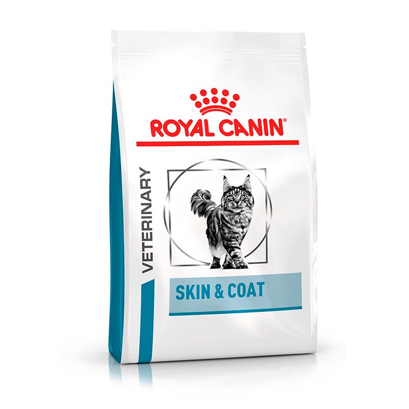 ROYAL CANIN® Veterinary SKIN & COAT Katzenfutter-Beutel mit Bild einer Katze.