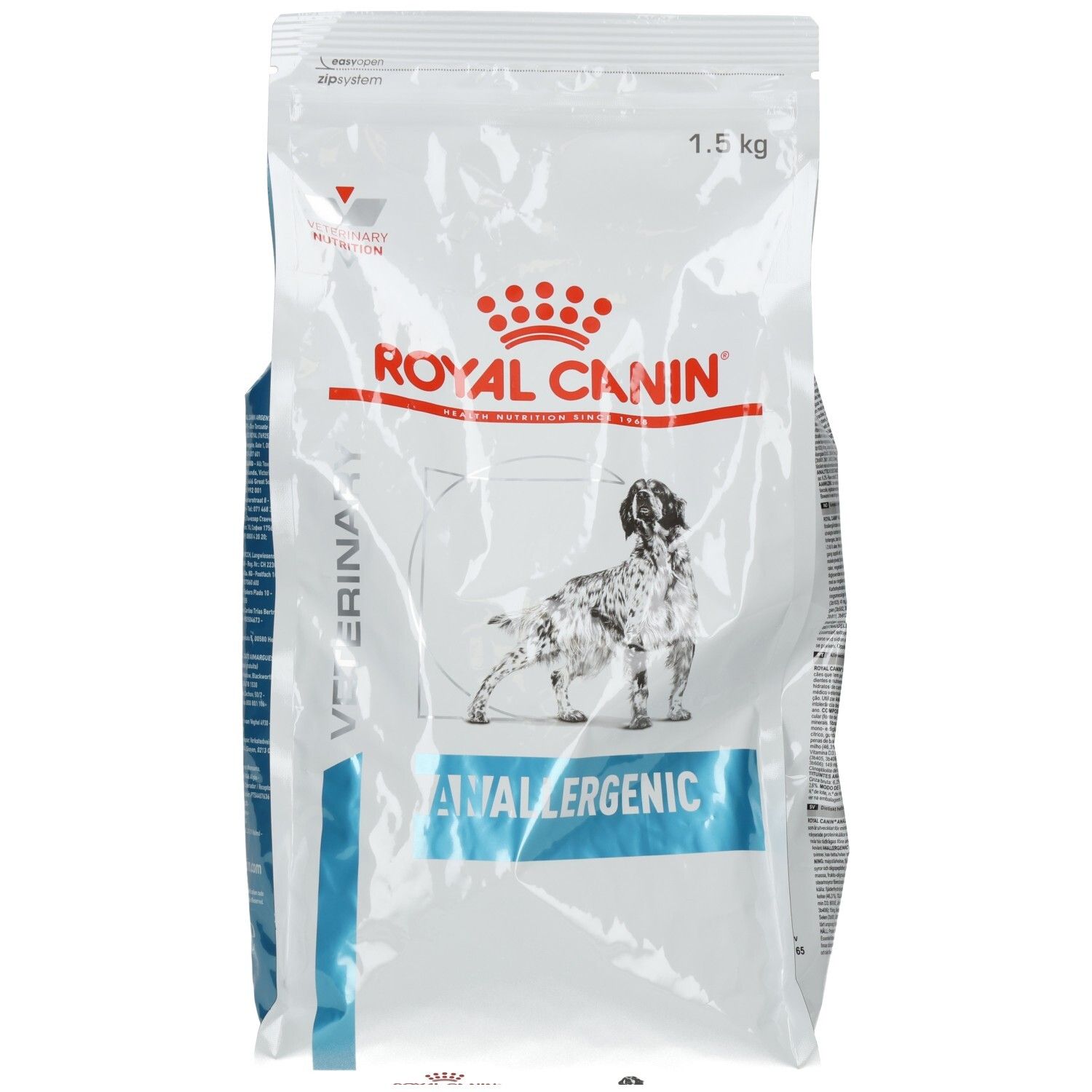 Royal Canin Veterinary ANALLERGENIC Hundefutter, 1,5 kg Beutel mit Hundemotiv.