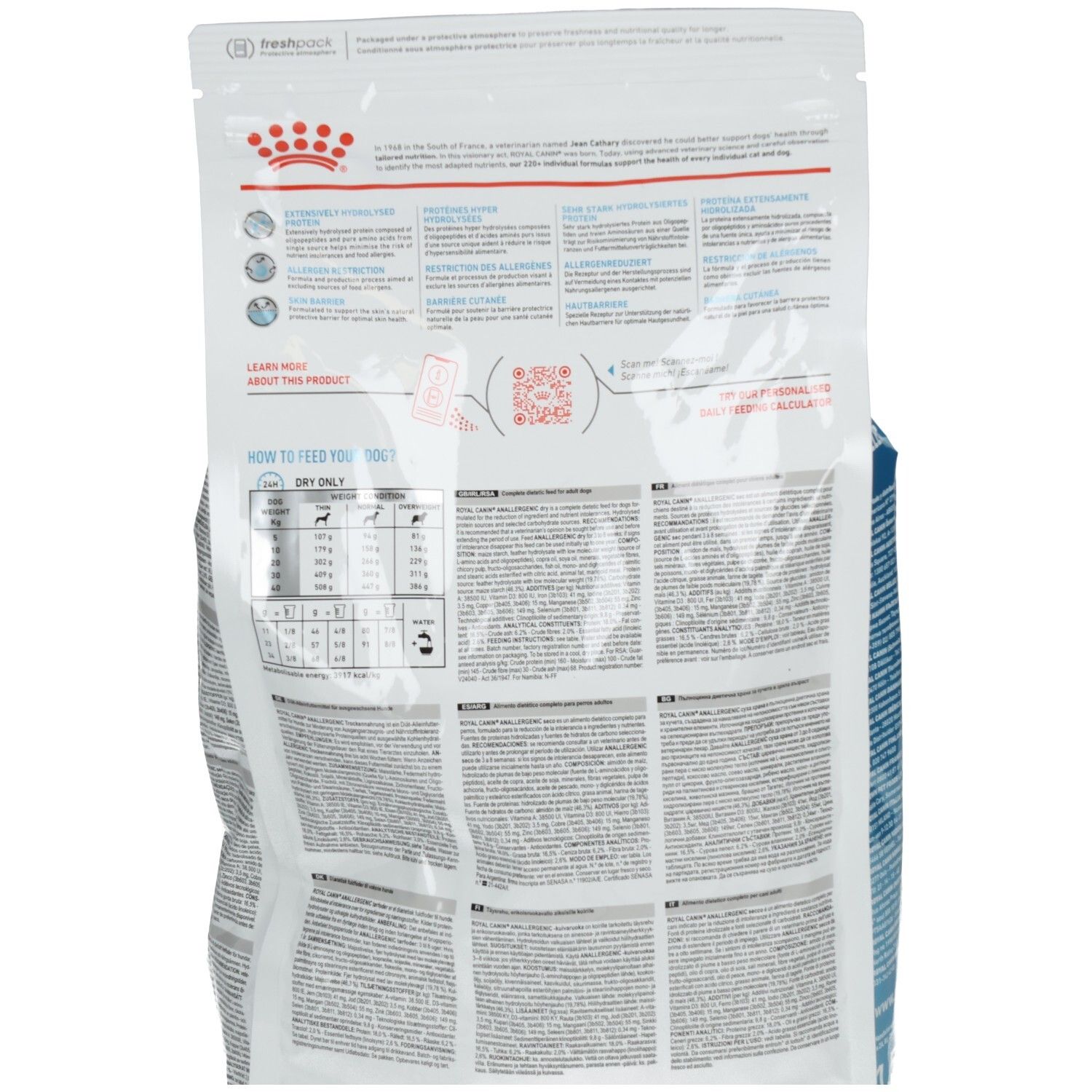 Rückseite eines 1,5 kg Beutels Royal Canin Veterinary ANALLERGENIC Hundefutter mit Fütterungstabelle.