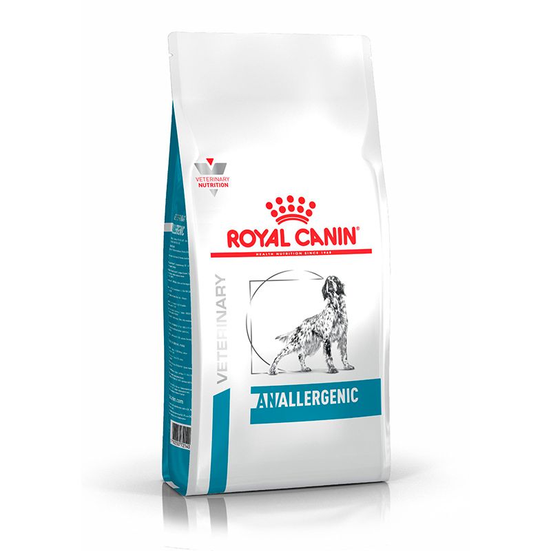 Royal Canin Veterinary ANALLERGENIC Hundefutter-Sack mit Hundemotiv und Produktinformationen.