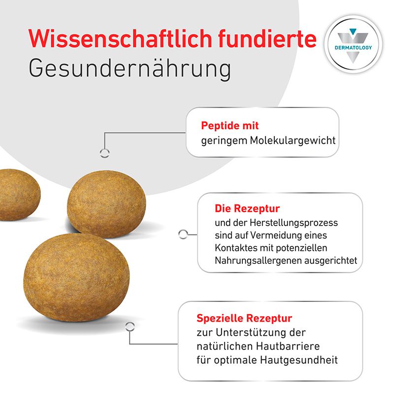 Hundefutter-Pellets mit Text: Wissenschaftlich fundierte Gesunderährung, Peptide, allergenreduziert, unterstützt Hautbarriere.