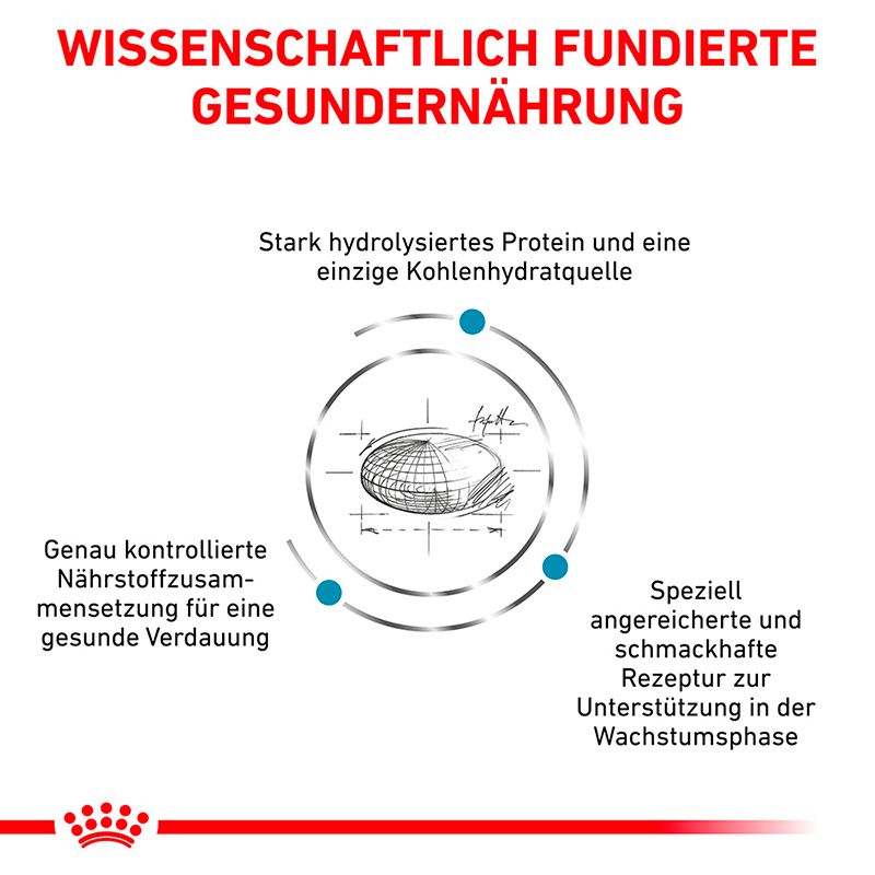Wissenschaftlich fundierte Hundenahrung mit hydrolysiertem Protein und Kohlenhydraten für gesunde Verdauung.