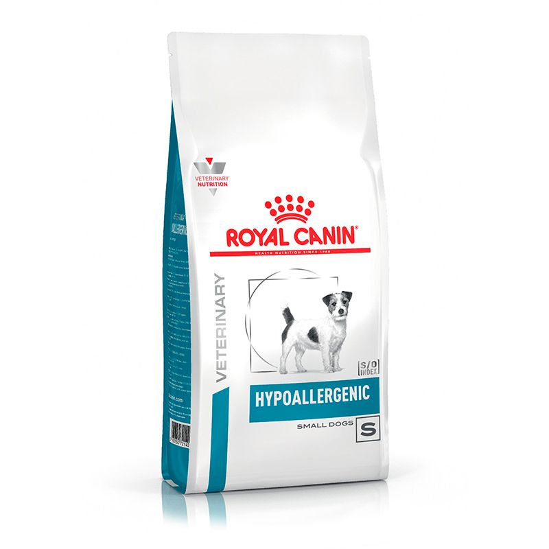 Royal Canin Hypoallergenic Small Dogs Trockennahrung: Weiße Tüte mit Hundemotiv und Produktinformationen.
