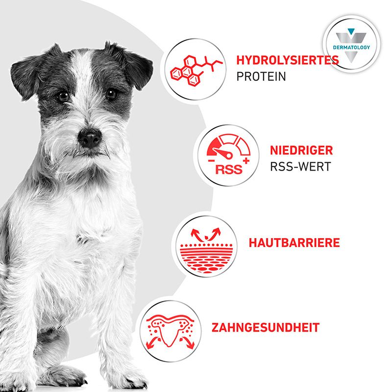 Hundefutter-Merkmale: Hydrolysiertes Protein, niedriger RSS-Wert, Hautbarriere, Zahngesundheit.