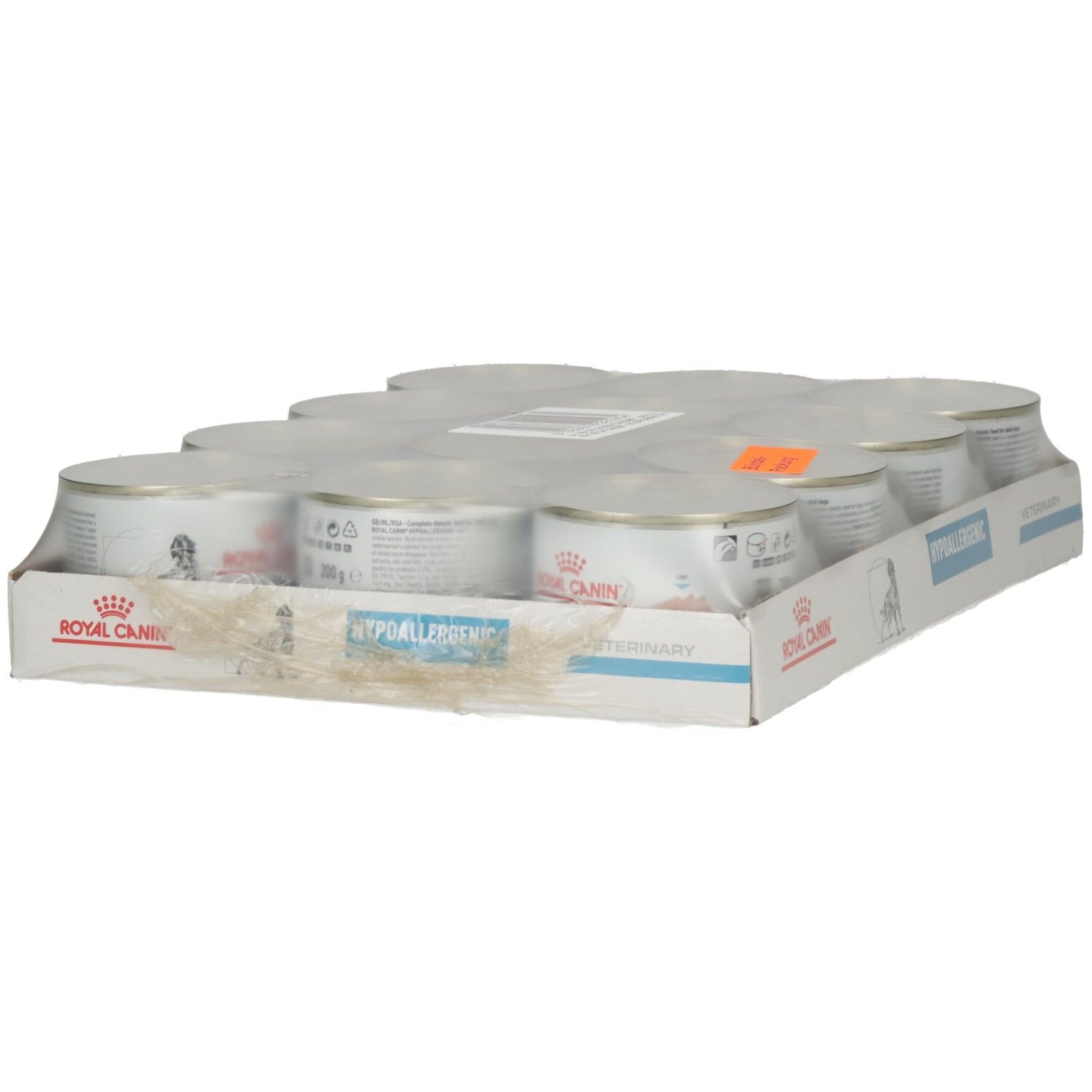 Packung mit 6 Dosen Royal Canin Hypoallergenic Hundefutter.