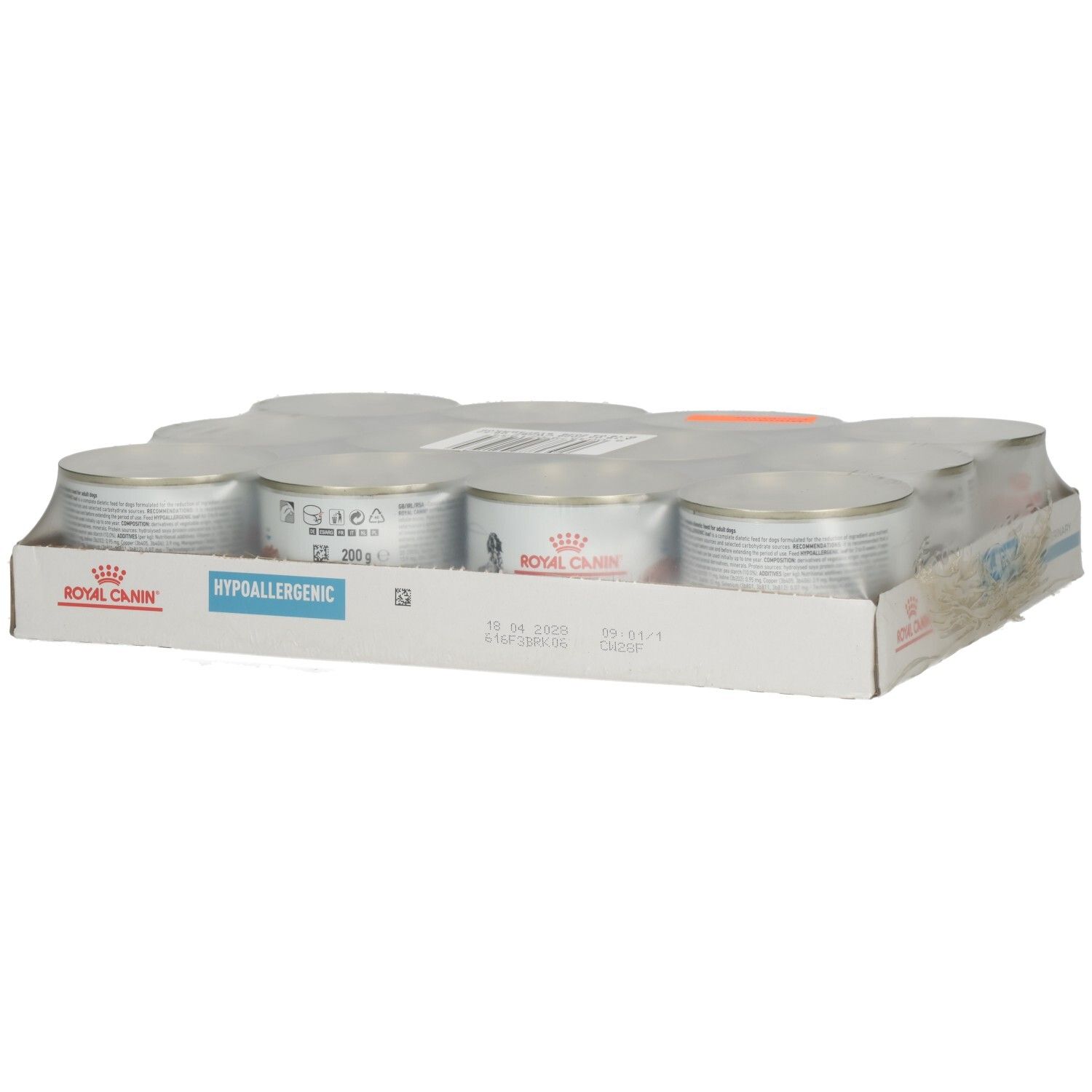 Packung mit 6 Dosen Royal Canin Hypoallergenic Hundefutter.