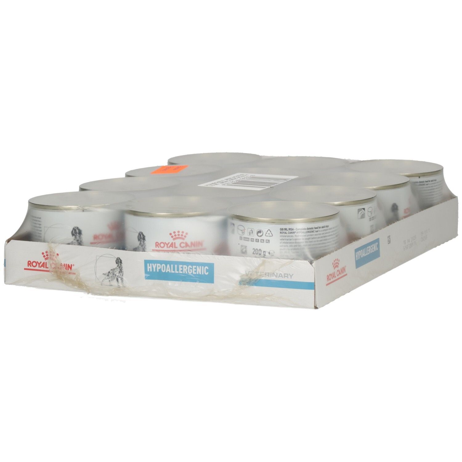 Packung mit 6 Dosen Royal Canin Hypoallergenic Hundefutter.
