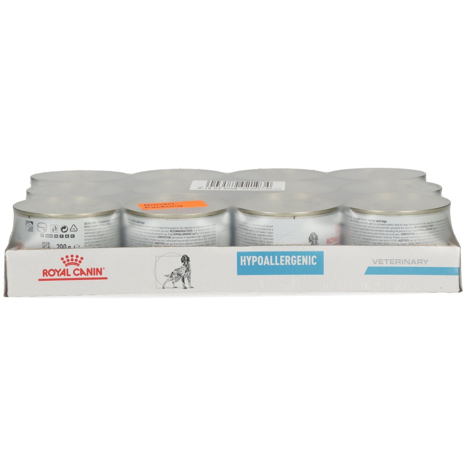 Packung mit 6 Dosen Royal Canin Hypoallergenic Hundefutter.