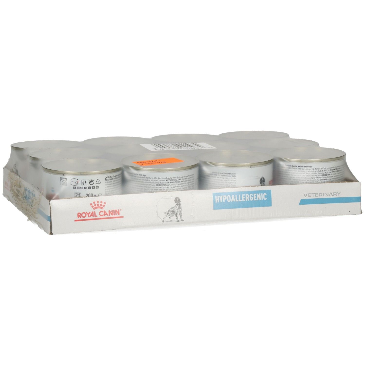 Packung mit 6 Dosen Royal Canin Hypoallergenic Hundefutter.