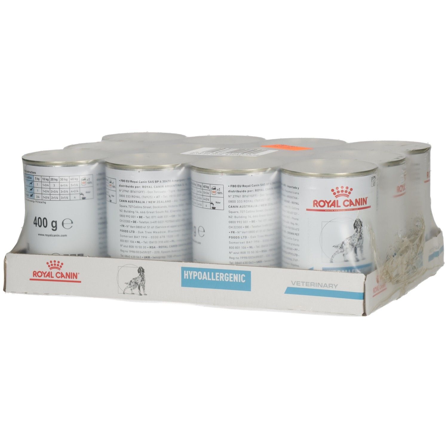 Packung mit 6 Dosen Royal Canin Hypoallergenic Hundefutter, 400g pro Dose.